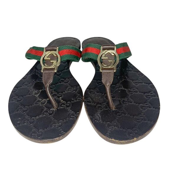 Gucci GG Web Stripe Thong Sandals EU 38.5 US 8.5 Brown Flip Flop Slide Flat Heel - Picture 9 of 13